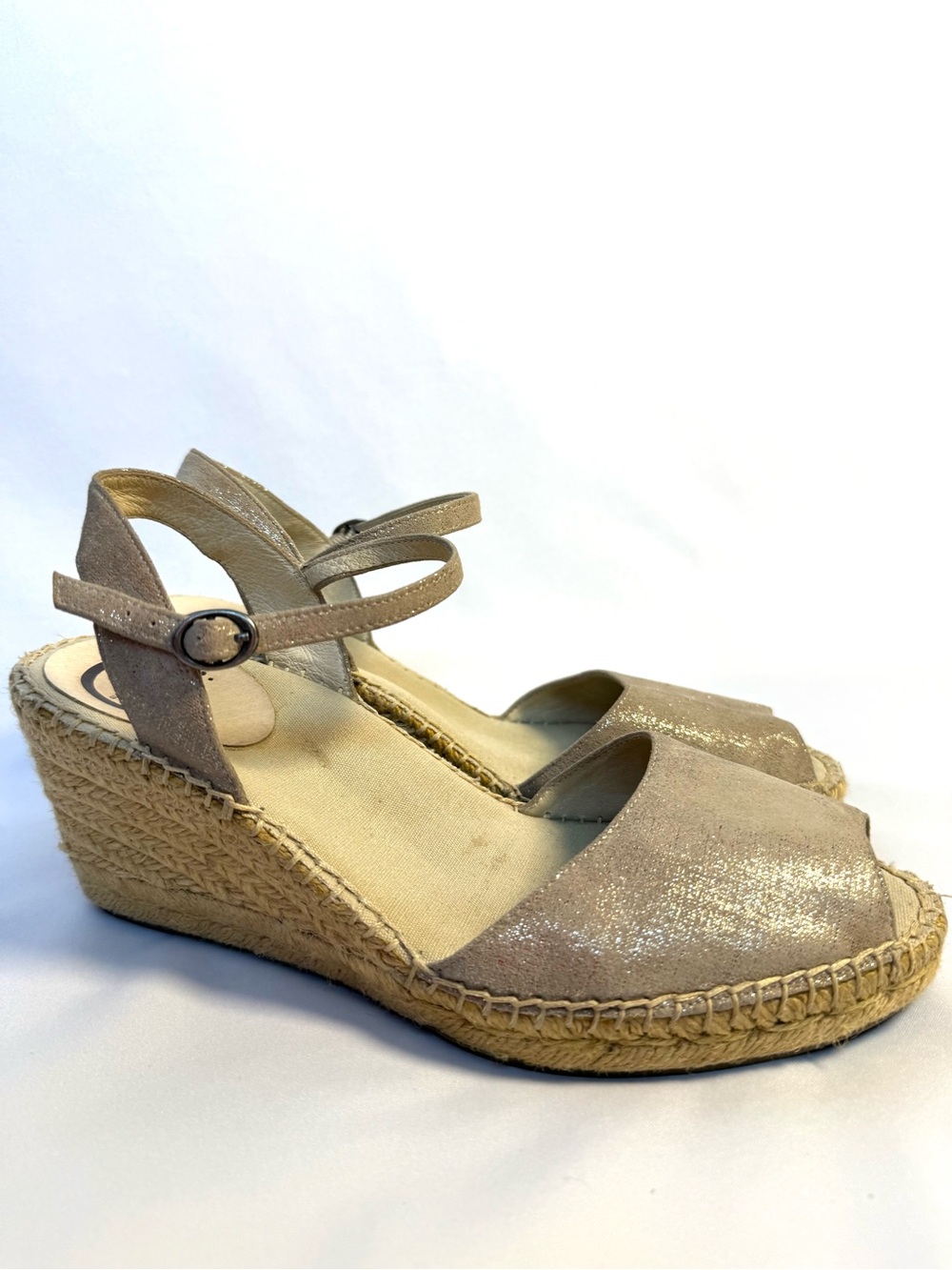 Abeo Dahlia Espadrille Wedge Sandals Size 9N Metallic Taupe Leather Ankle Strap